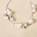 Pearls And Stars Double String Silver Bracelet