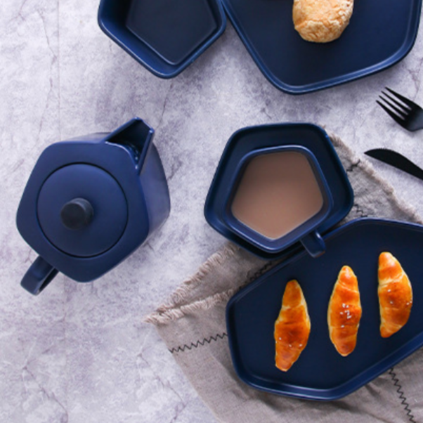 Pentagon Mug with Saucer Blue