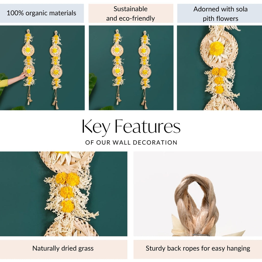 Natural Flower Jute Wall Hanging Yellow Set Of 2