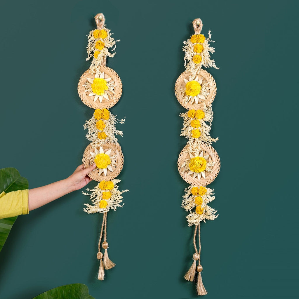 Natural Flower Jute Wall Hanging Yellow Set Of 2