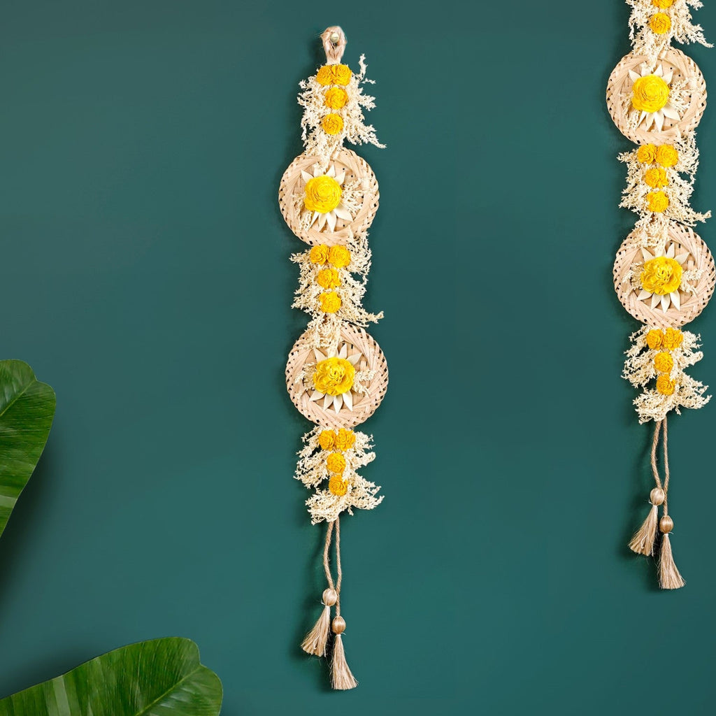 Natural Flower Jute Wall Hanging Yellow Set Of 2