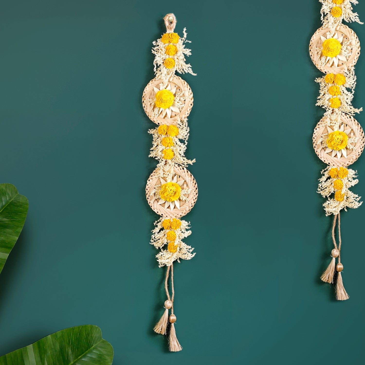 Natural Flower Jute Wall Hanging Yellow Set Of 2