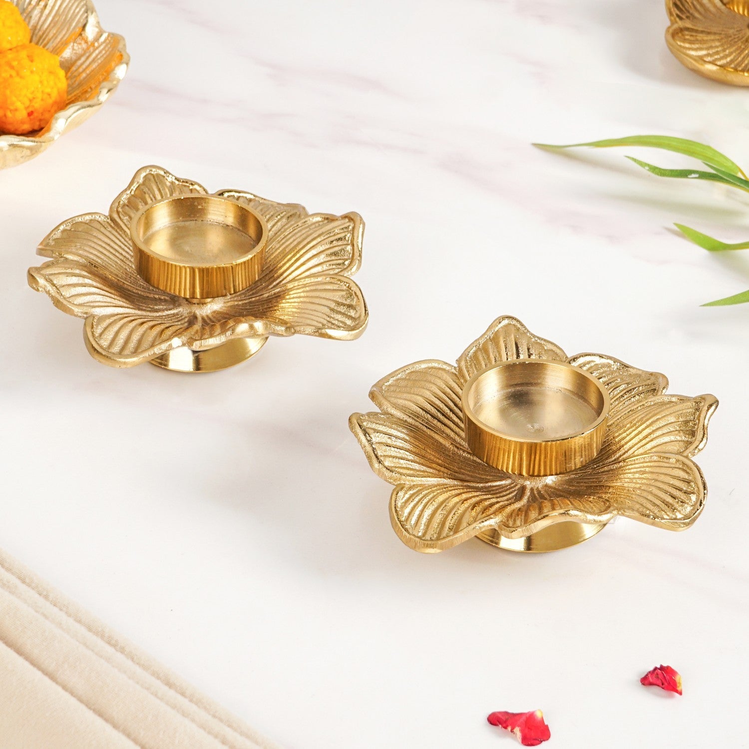 Petal Radiance Aluminium Tealight Candle Holder Set Of 2 In Festive Gift Box