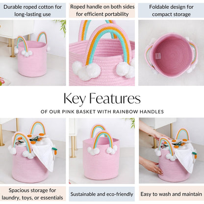 Pink Basket With Rainbow Handles 26cm
