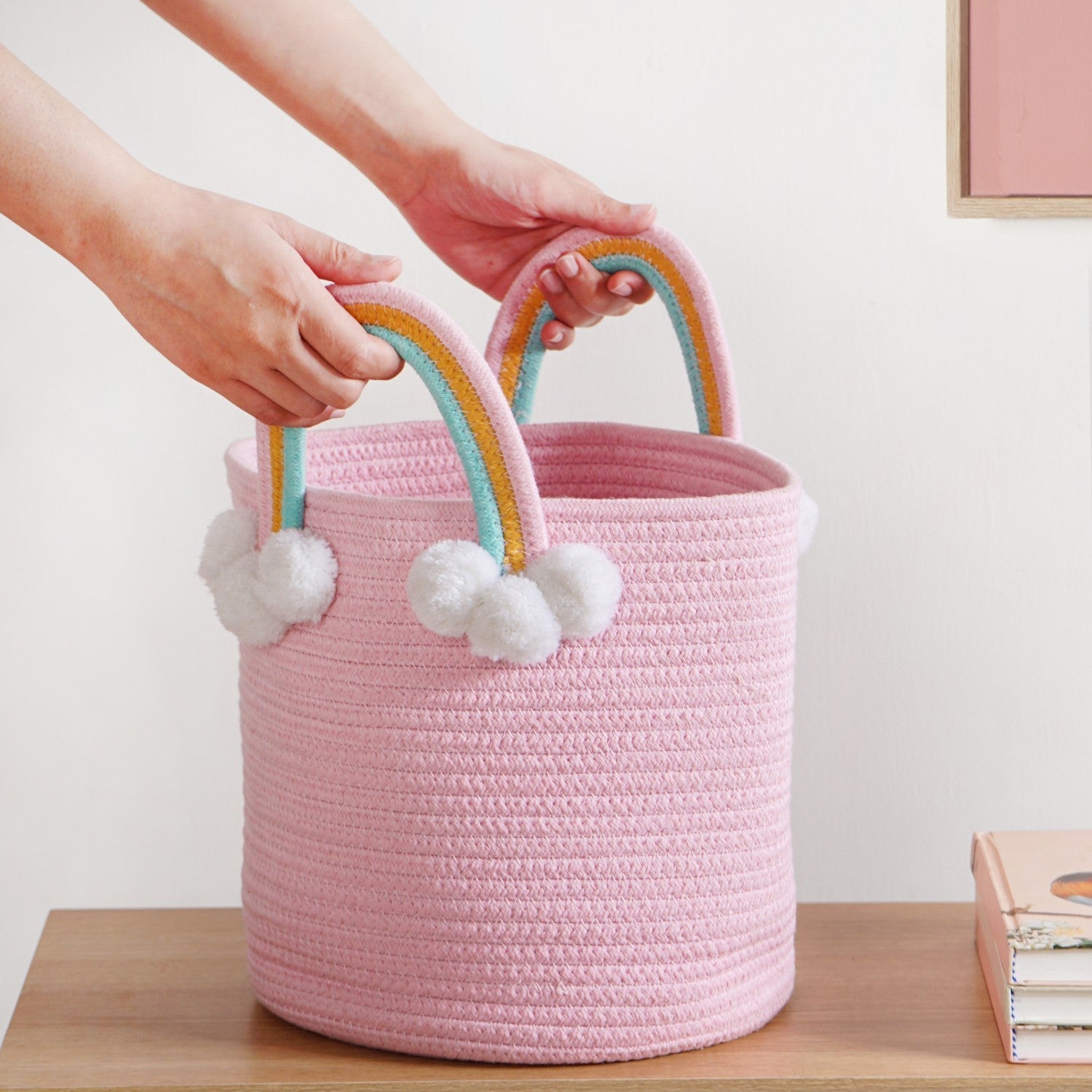 Pink Basket With Rainbow Handles 26cm