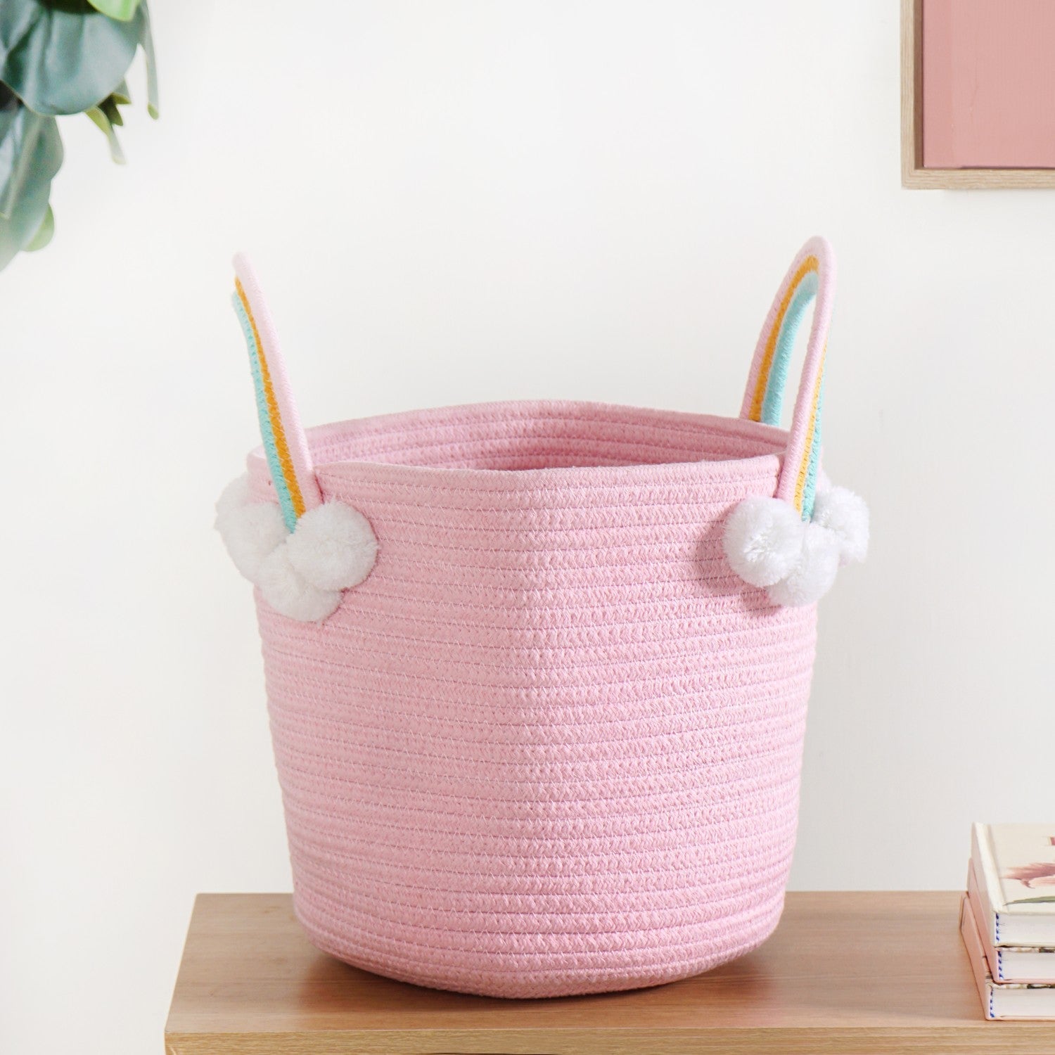 Pink Basket With Rainbow Handles 26cm