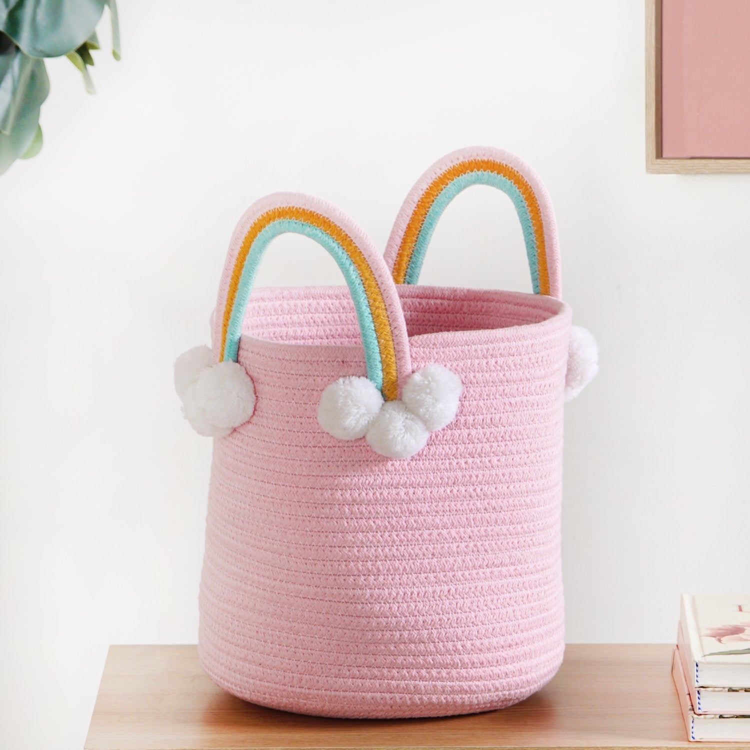 Pink Basket With Rainbow Handles 26cm