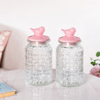 Airtight Glass Jar With Pink Bird Ceramic Lid Set Of 2 1300ml