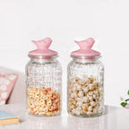 Airtight Glass Jar With Pink Bird Ceramic Lid Set Of 2 1300ml