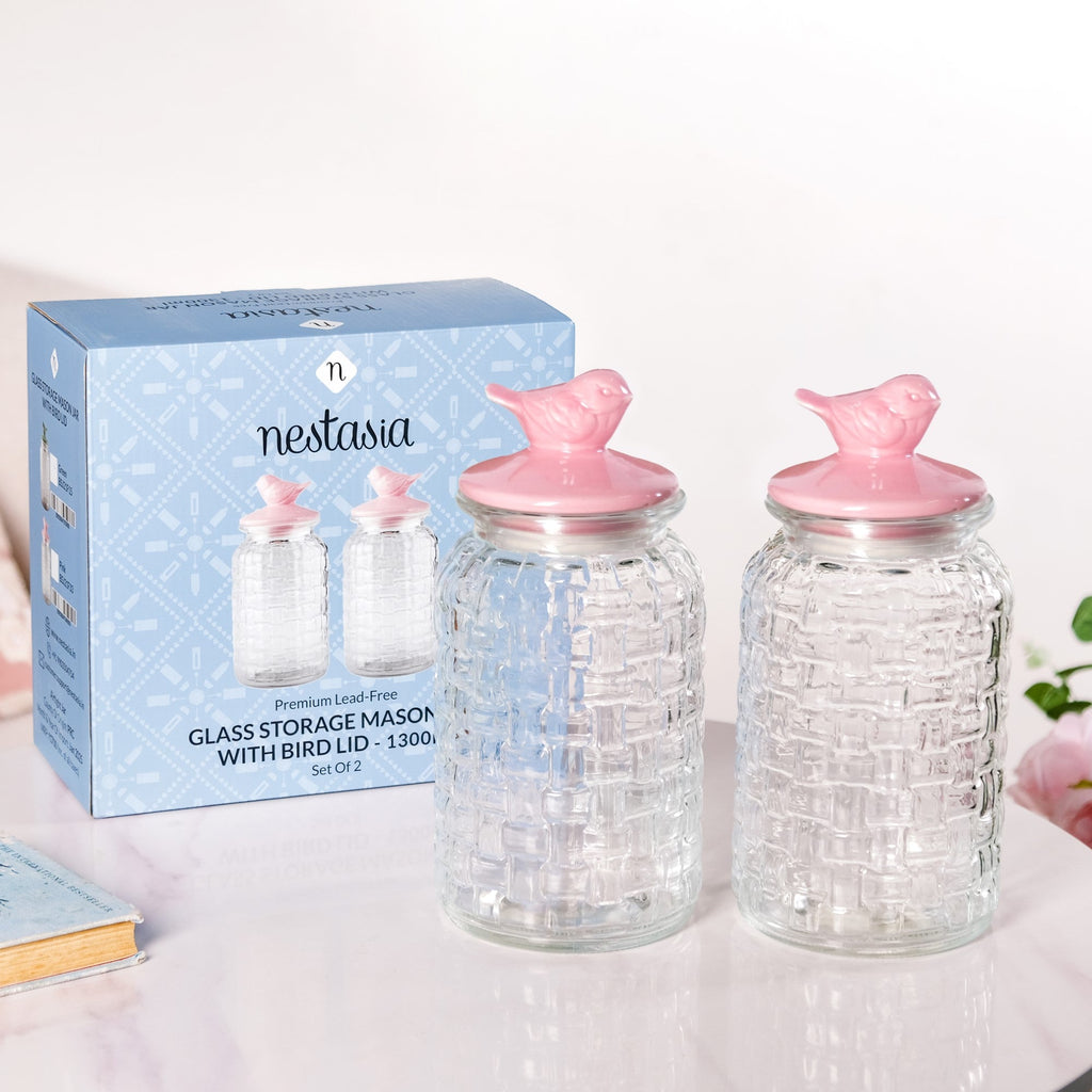 Airtight Glass Jar With Pink Bird Ceramic Lid Set Of 2 1300ml