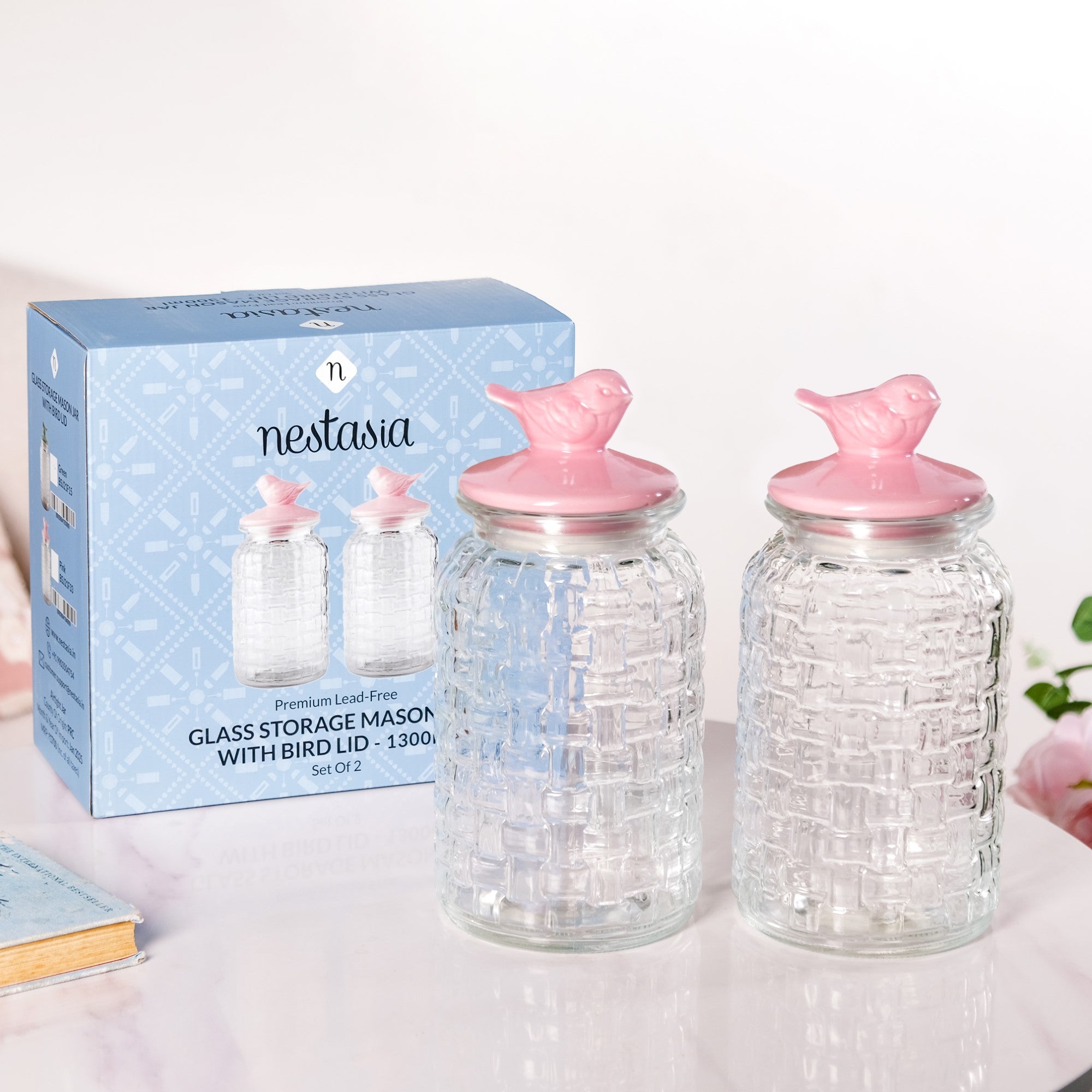 Airtight Glass Jar With Pink Bird Ceramic Lid Set Of 2 1300ml