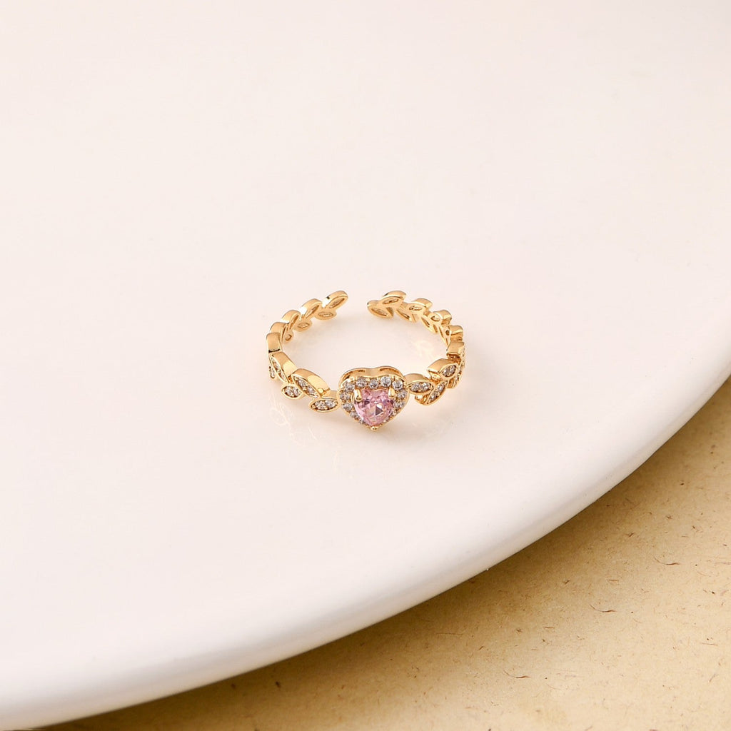 Pink Heart Laurel Wreath Gold Ring