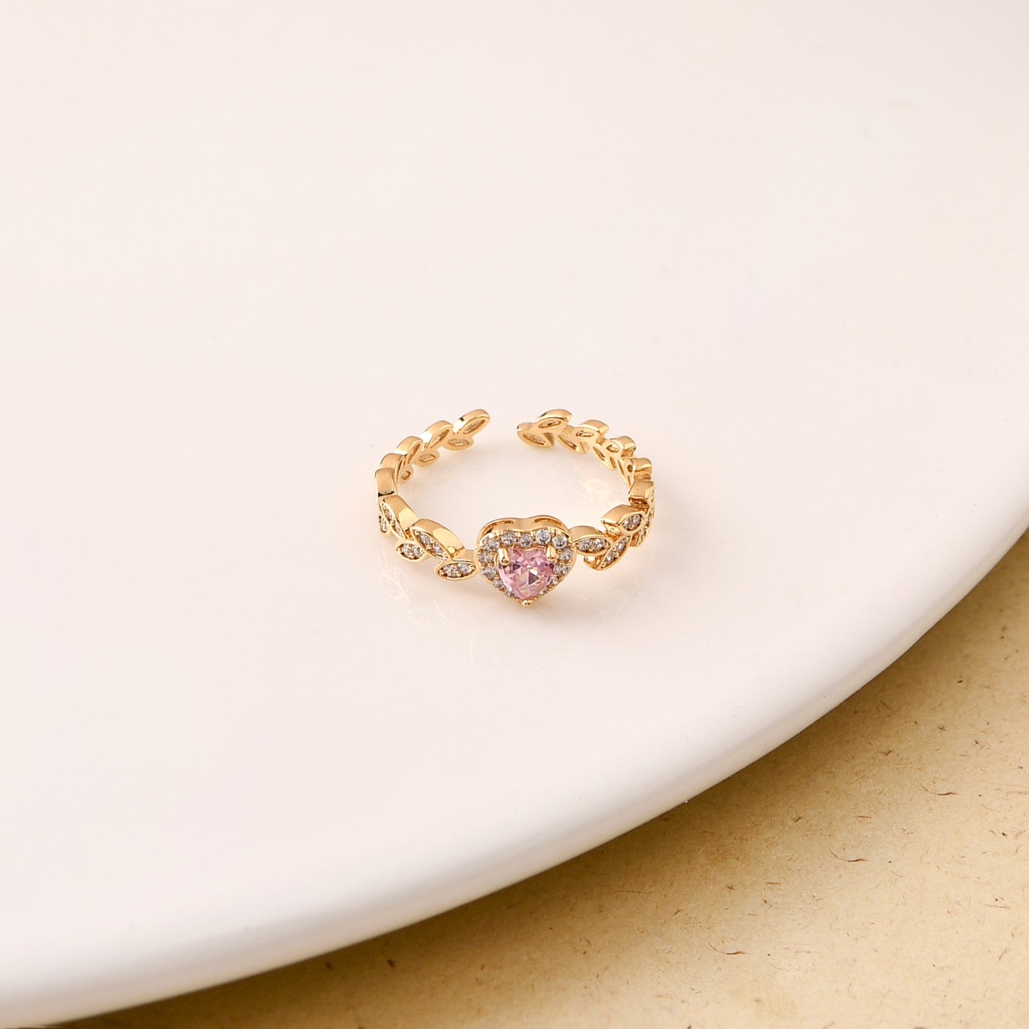 Pink Heart Laurel Wreath Gold Ring