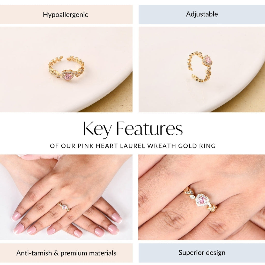 Pink Heart Laurel Wreath Gold Ring