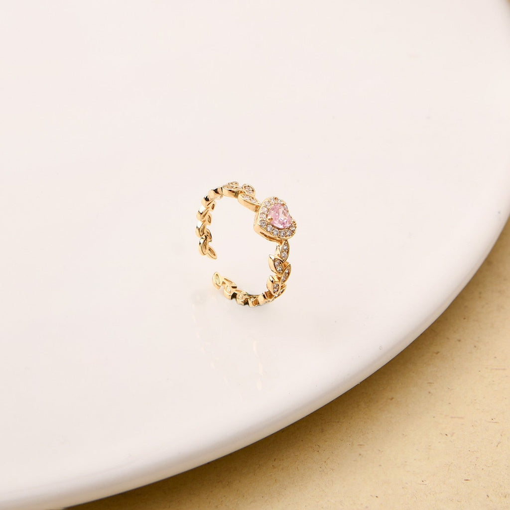 Pink Heart Laurel Wreath Gold Ring