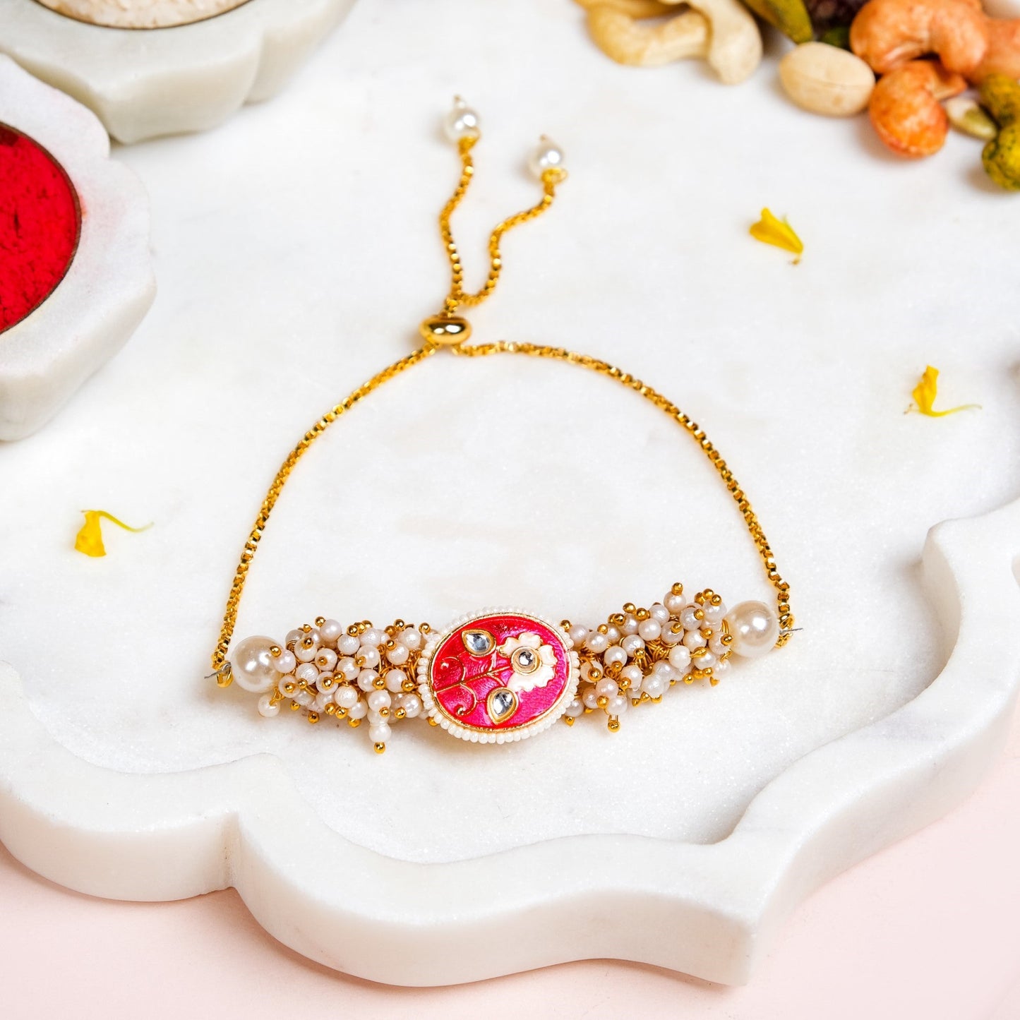 Pearl Cluster Pink Bracelet Rakhi Gift Set