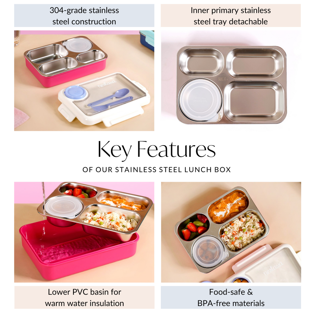 Bento Pink 4 Grid Stainless Steel Lunch Box For Office 950ml