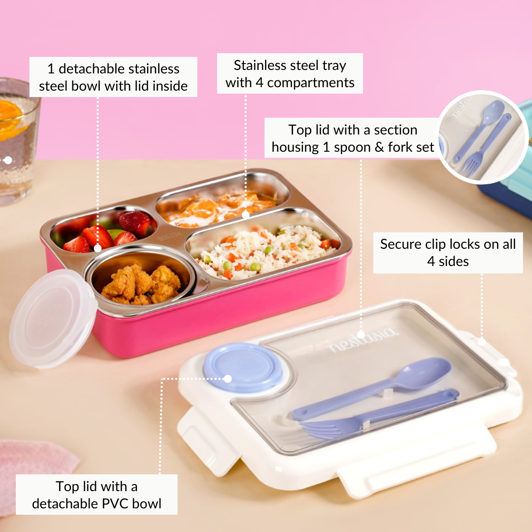 Bento Pink 4 Grid Stainless Steel Lunch Box For Office 950ml