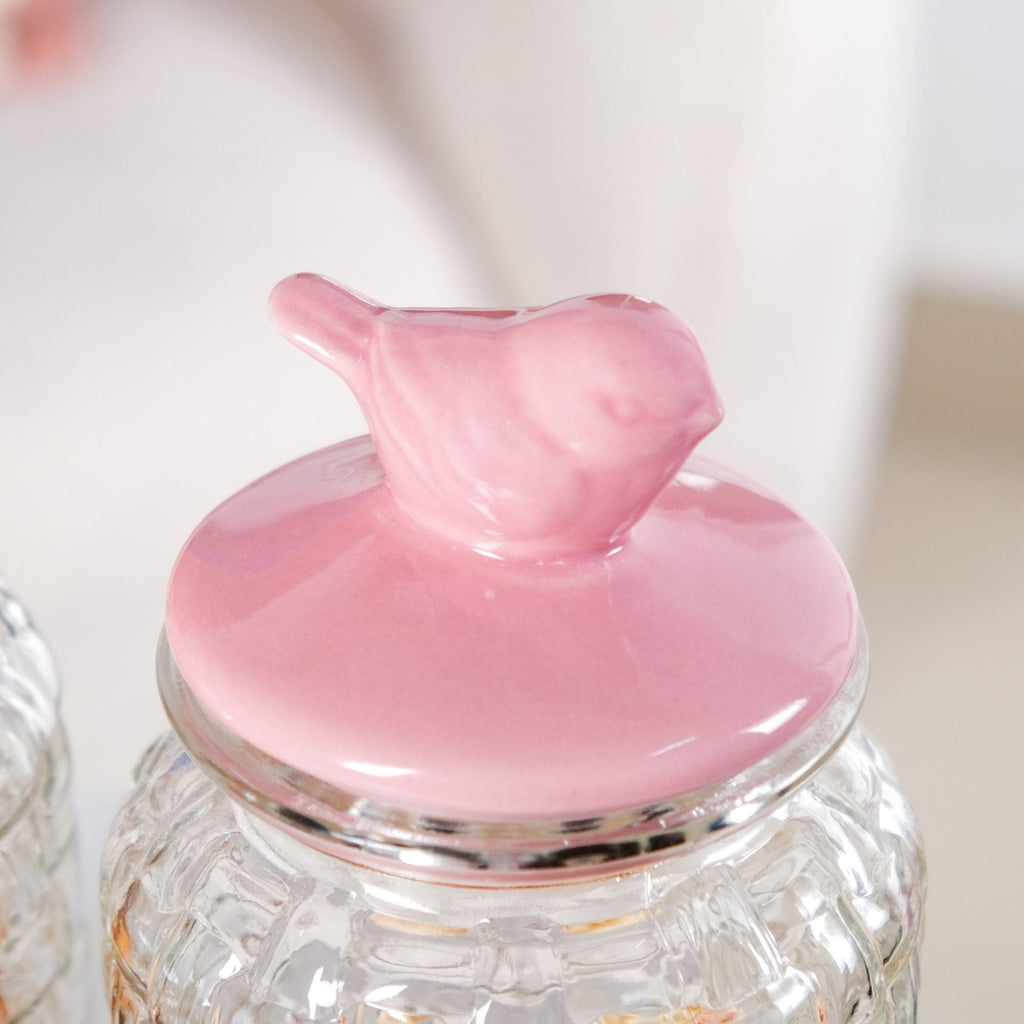 Airtight Glass Jar With Pink Bird Ceramic Lid Set Of 2 1300ml