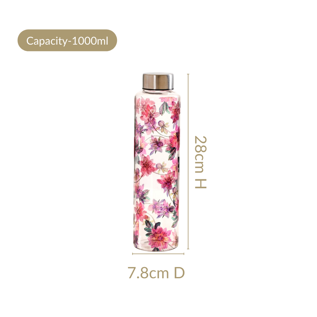 Pink Lotus Borosilicate Glass Leakproof Water Bottle 1000ml