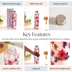 Pink Lotus Borosilicate Glass Leakproof Water Bottle 1000ml