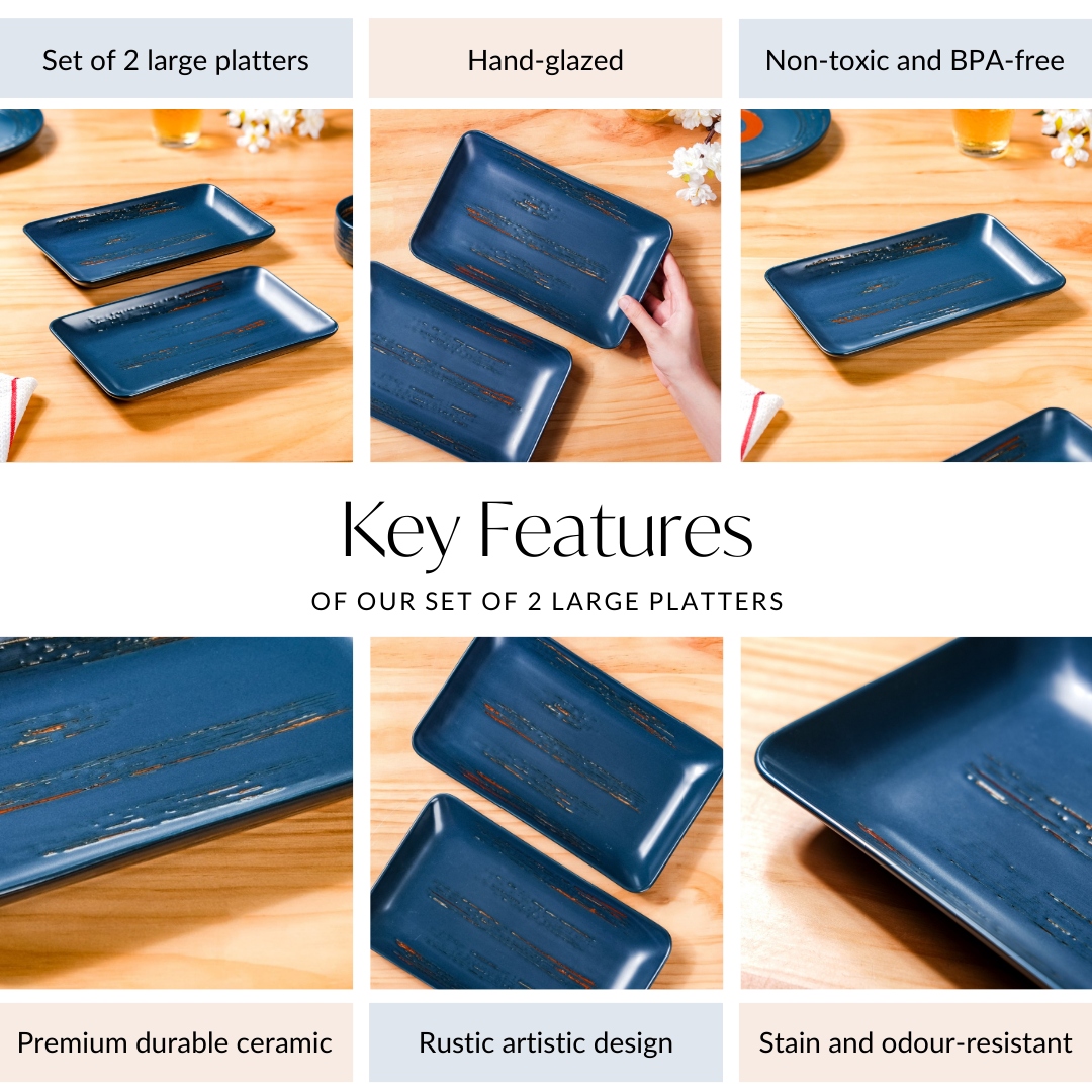 Rustic Stoneware Large Platter Navy Blue Set Of 2 10 Inch