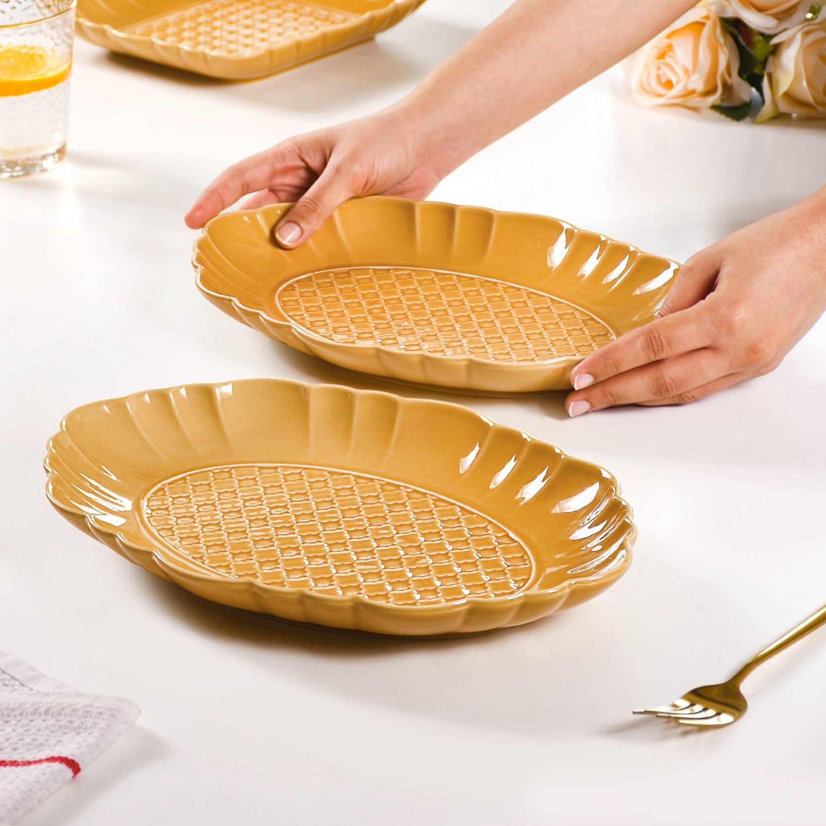 Exotic Moroccan Motif Platter Yellow Ochre Set Of 2 12 Inch