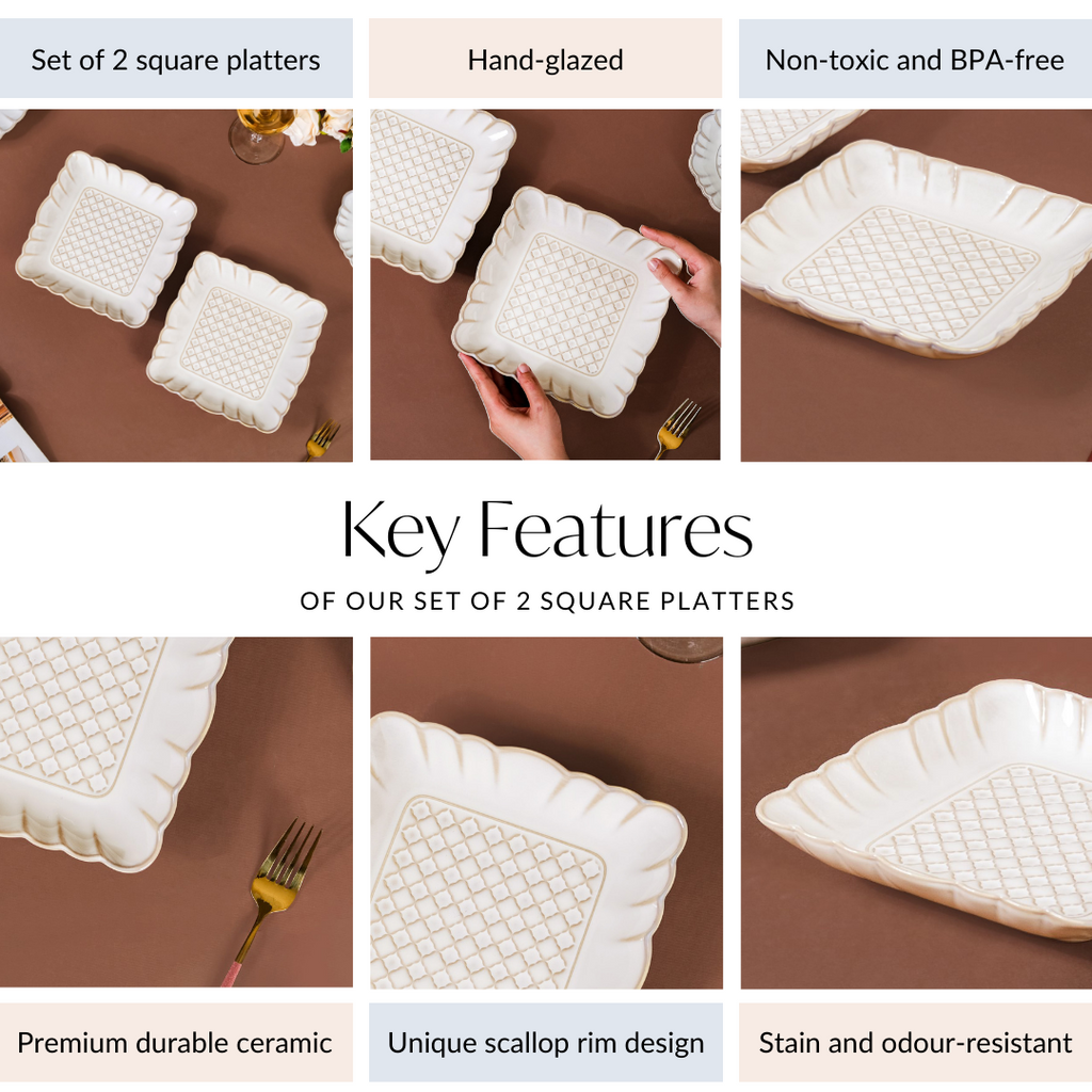 Scalloped Rimmed Square Platter Set Of 2 Ivory 8 Inch