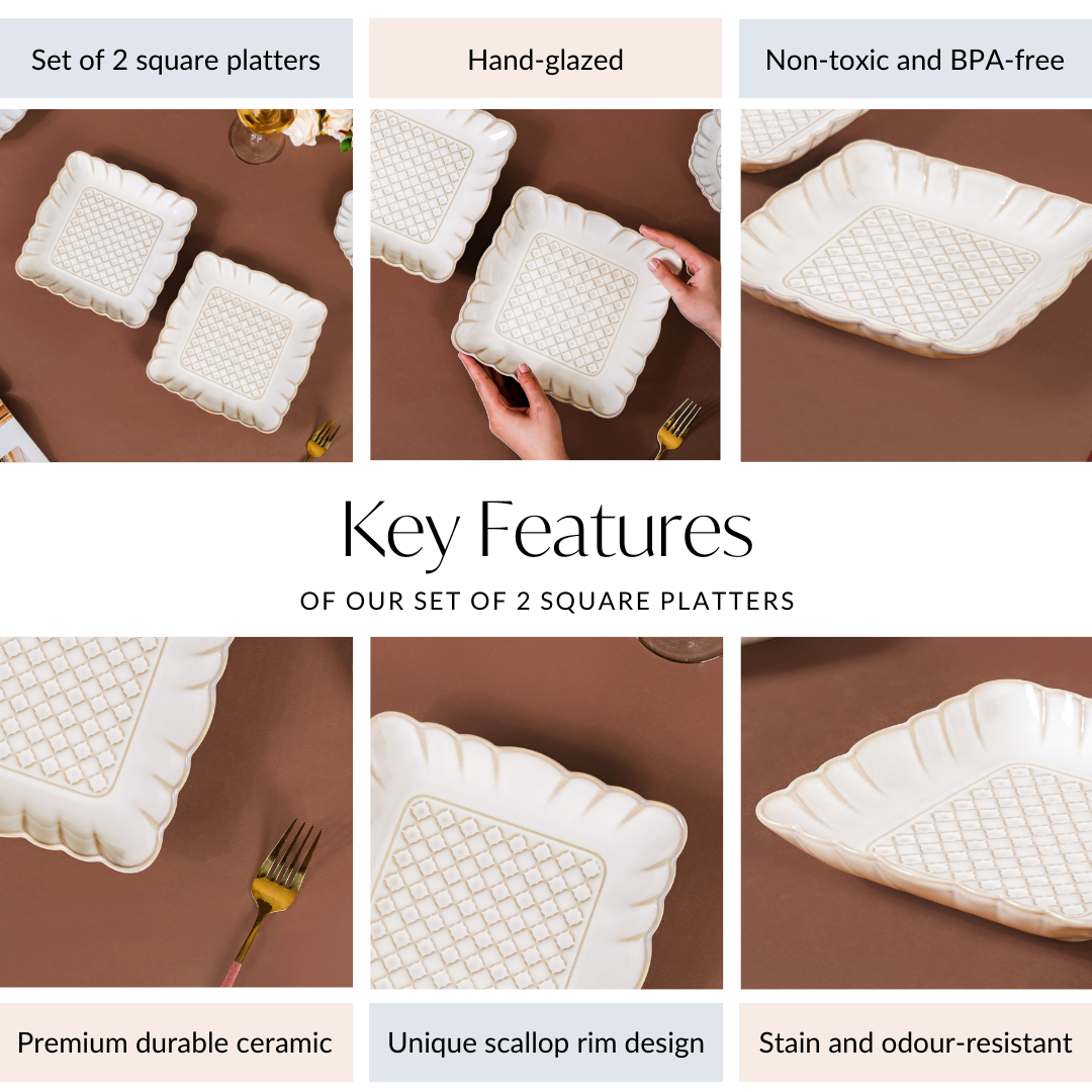 Scalloped Rimmed Square Platter Set Of 2 Ivory 8 Inch