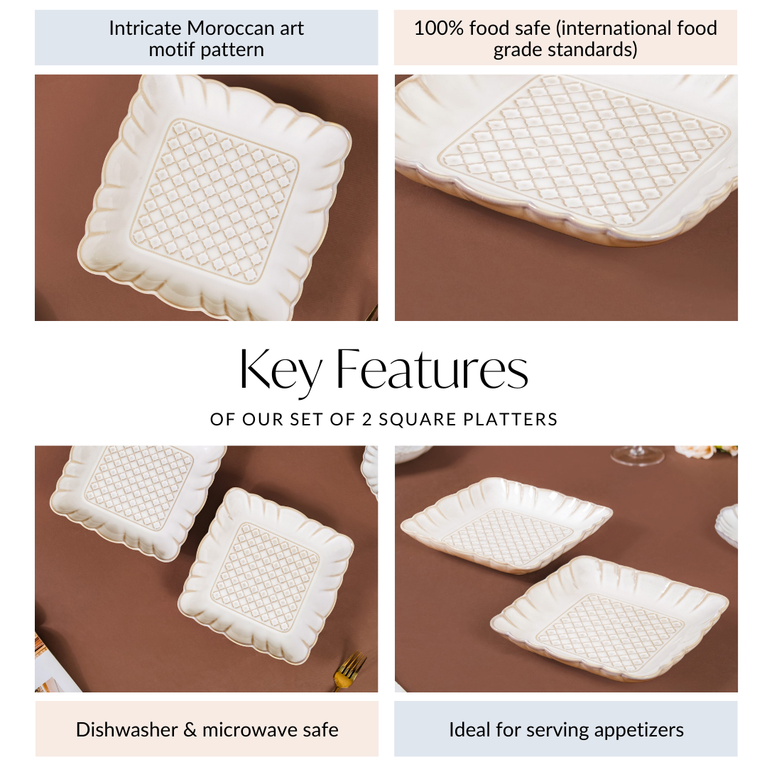 Scalloped Rimmed Square Platter Set Of 2 Ivory 8 Inch