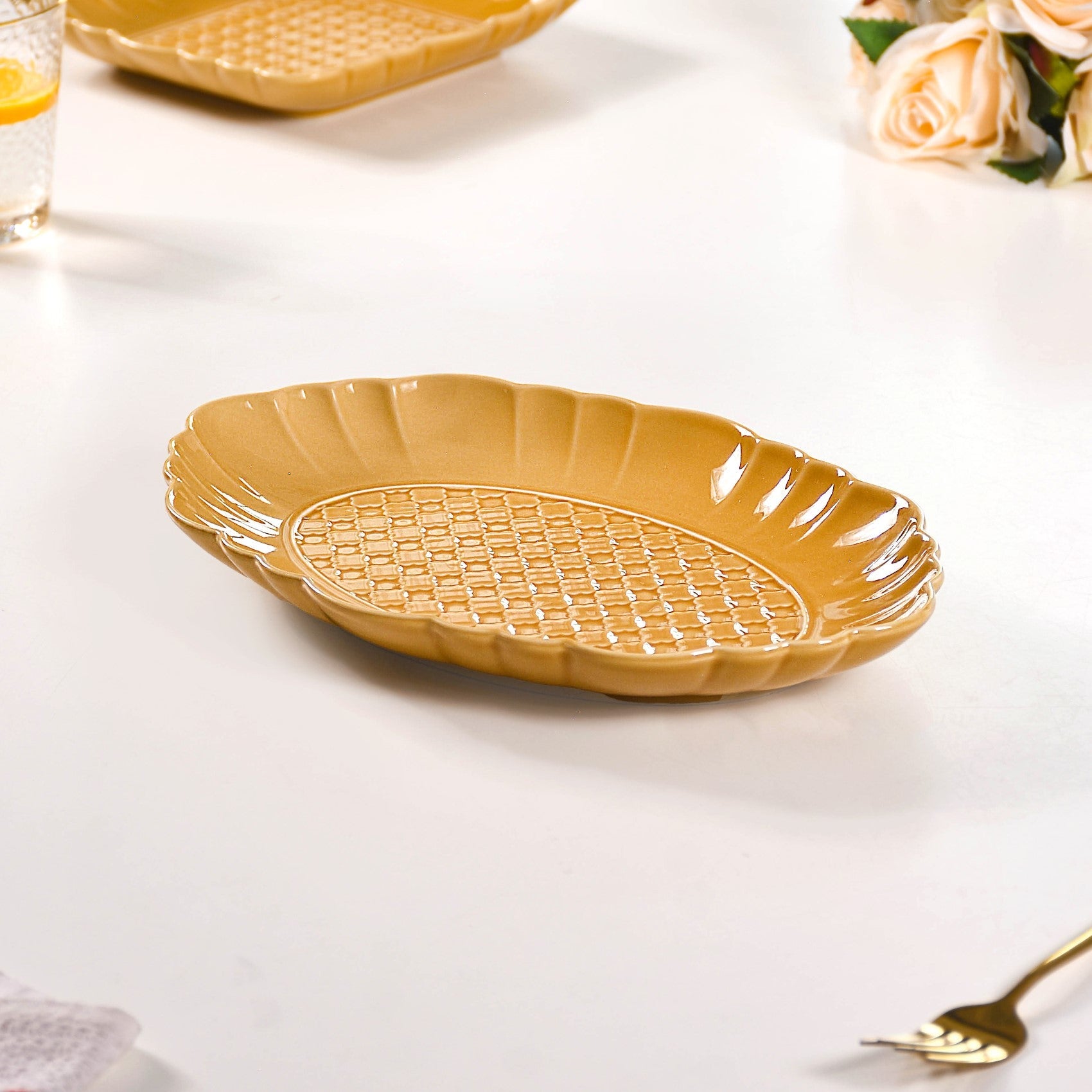 Exotic Moroccan Motif Platter Yellow Ochre Set Of 2 12 Inch