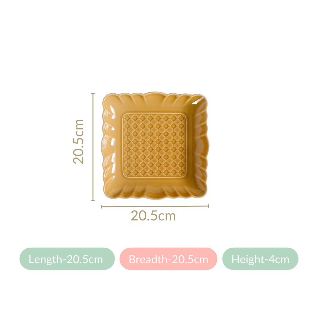 Elegant Scallop Rim Square Platter Set Of 2 Yellow Ochre 8 Inch