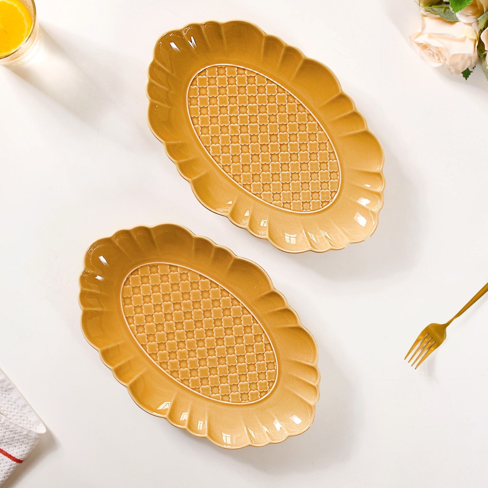 Exotic Moroccan Motif Platter Yellow Ochre Set Of 2 12 Inch