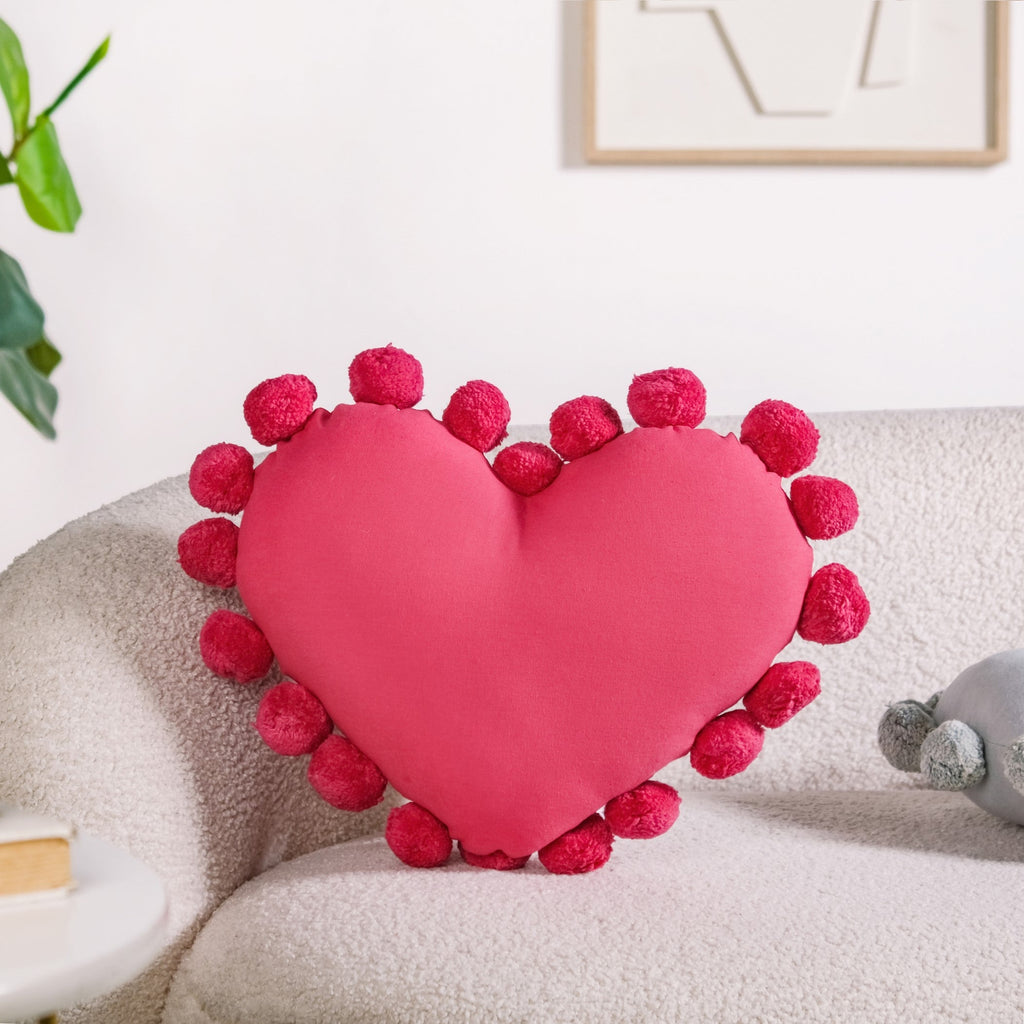 Pom Pom Heart Sofa Cushion Dark Pink 40x35cm