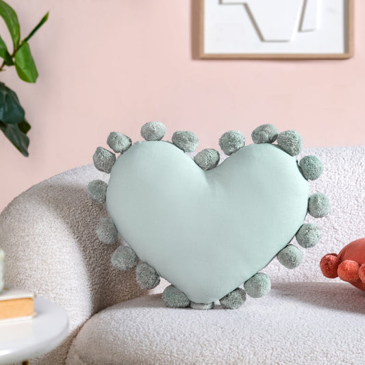 Pom Pom Heart Sofa Cushion Mint Green 40x35cm