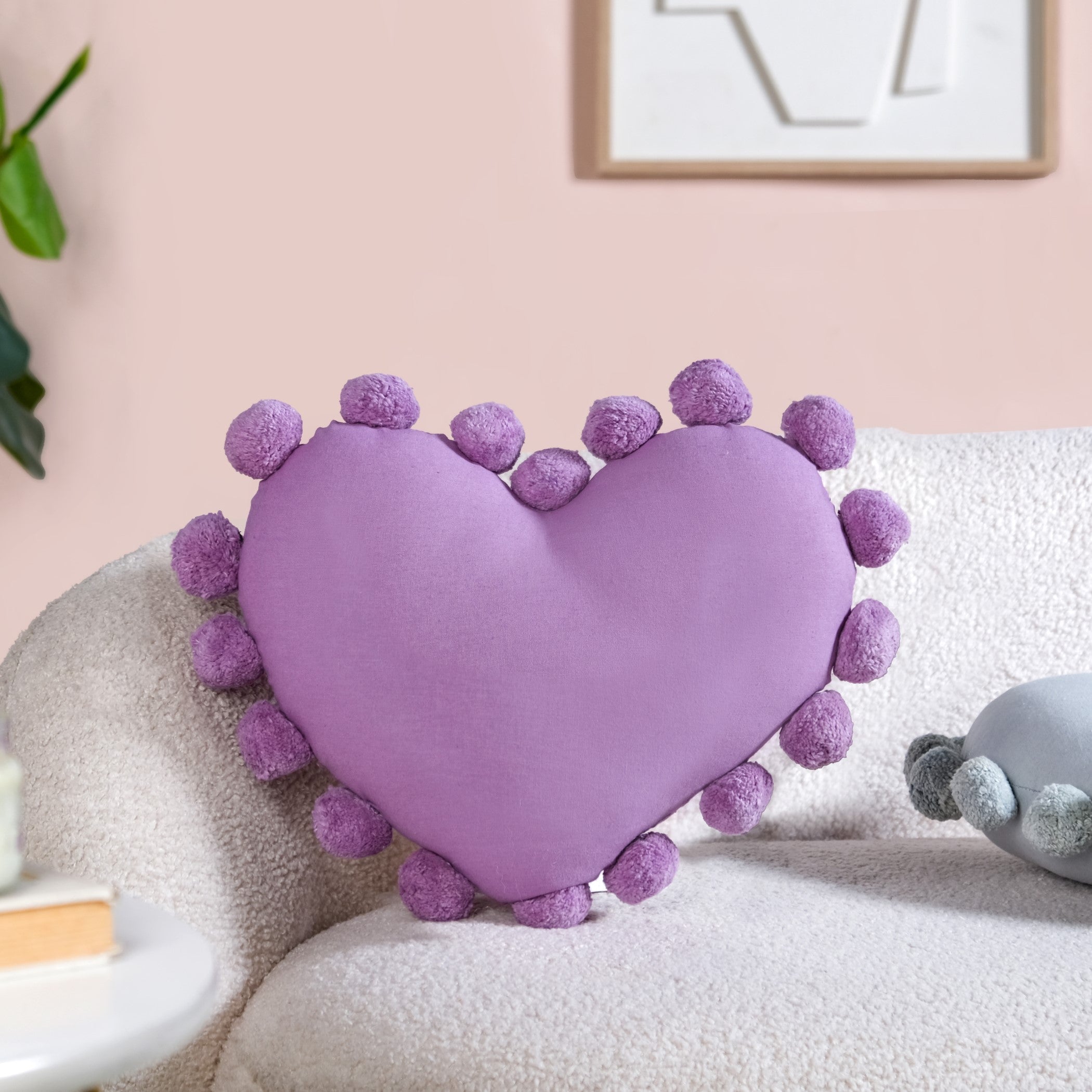 Pom Pom Heart Sofa Cushion Purple 40x35cm