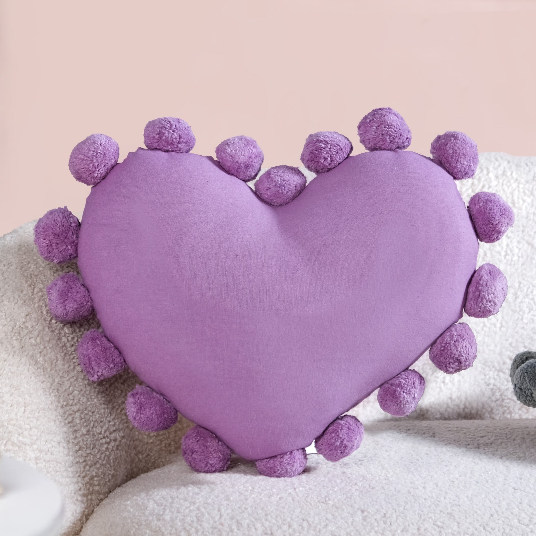 Pom Pom Heart Sofa Cushion Purple 40x35cm