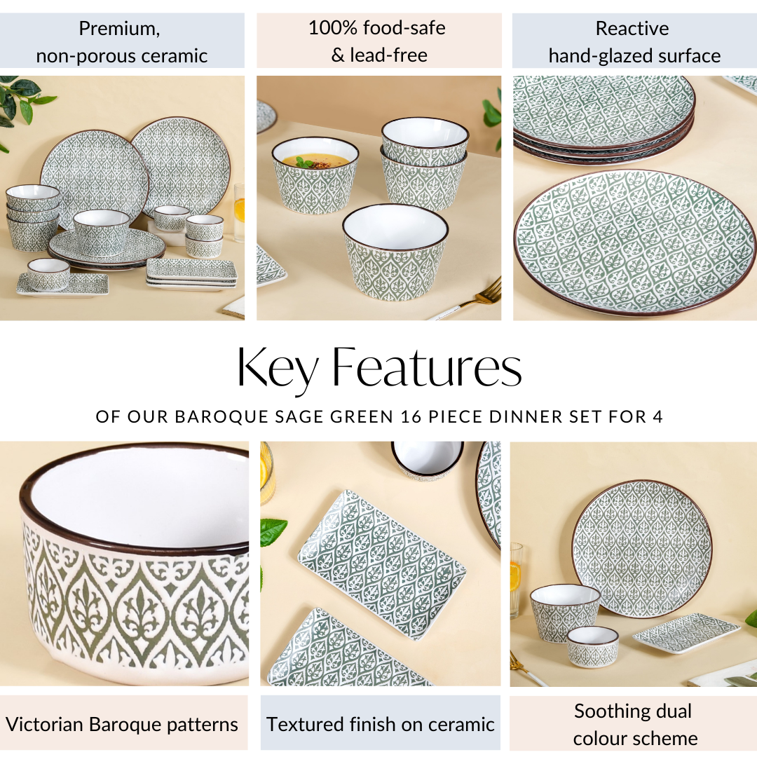 Baroque Sage Green 16 Piece Dinner Set For 4
