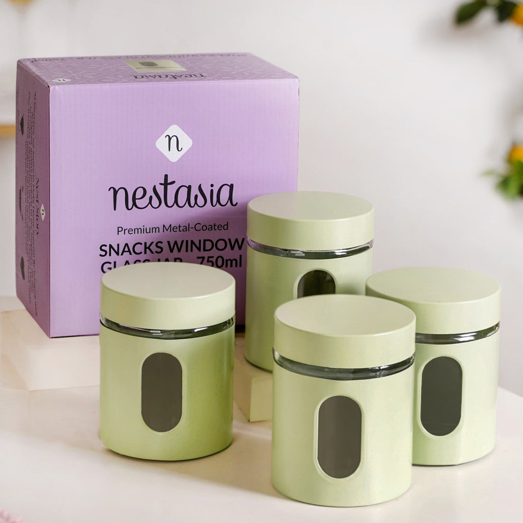 Premium Metal Coated Snacks Window Glass Jar Set Of 4 750ml