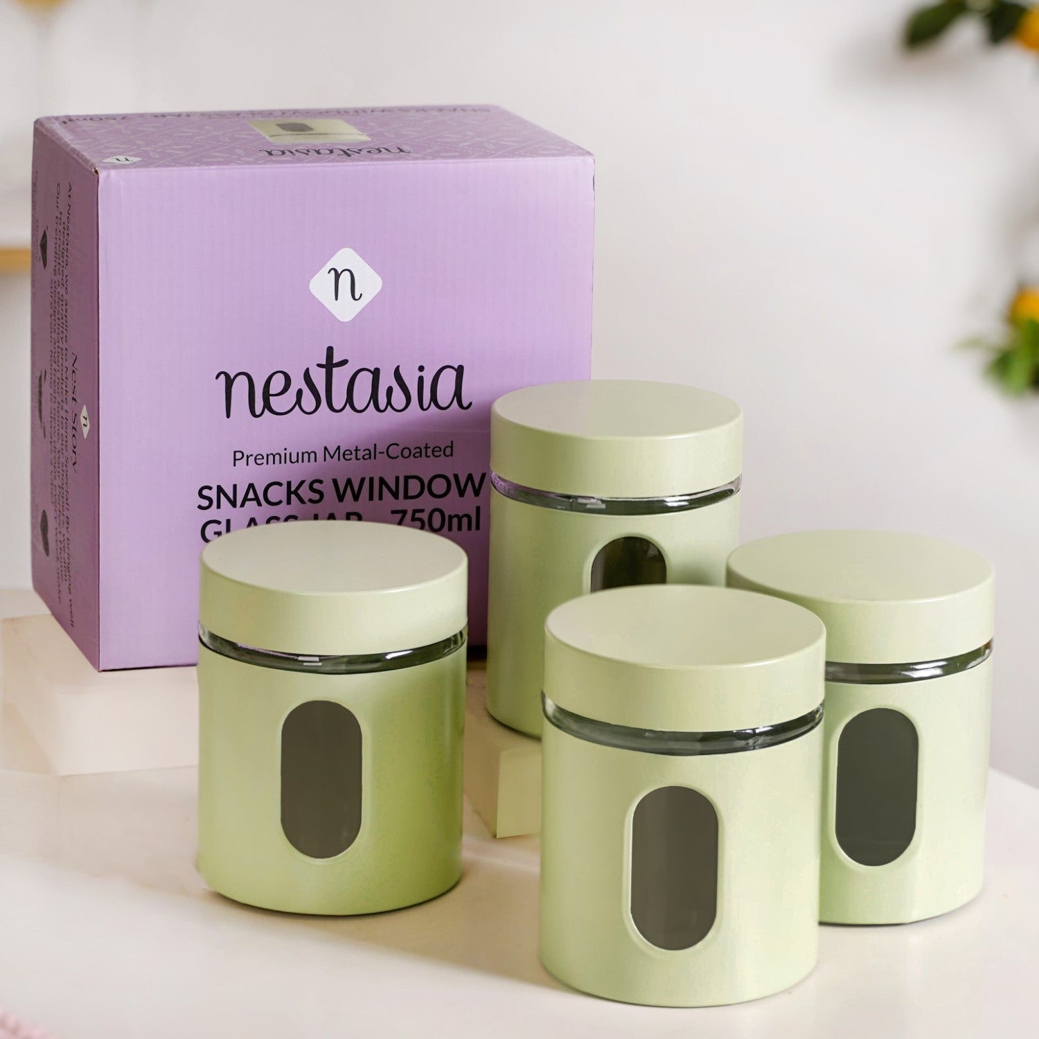 Premium Metal Coated Snacks Window Glass Jar Set Of 4 750ml