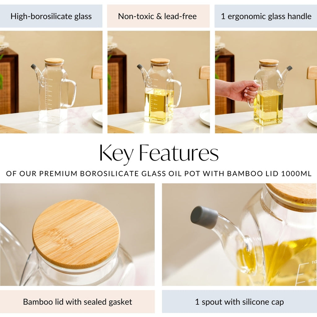 Premium Borosilicate Glass Oil Pot with Bamboo Lid 1000ml