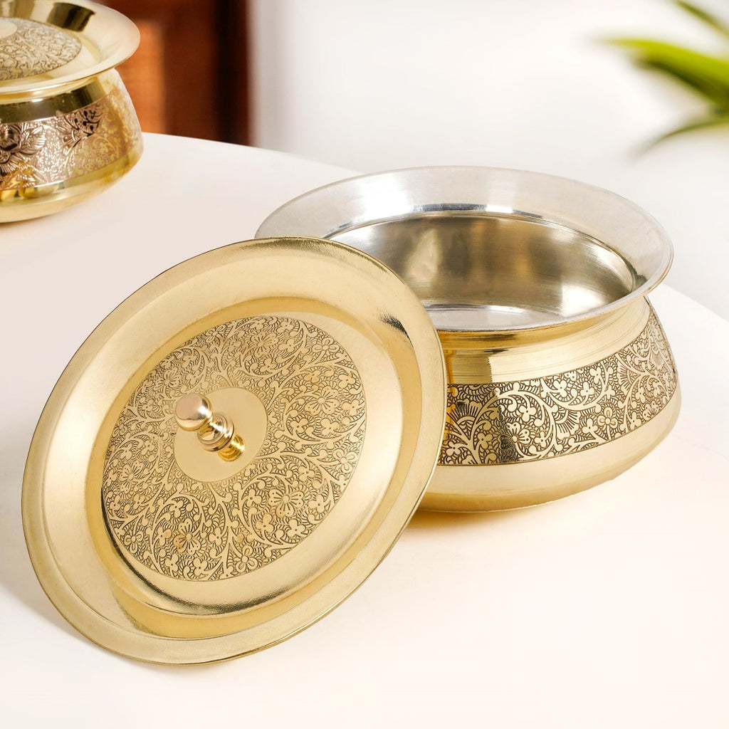 Pure Brass Embossed Handi Cooking Pot With Lid 2300ml