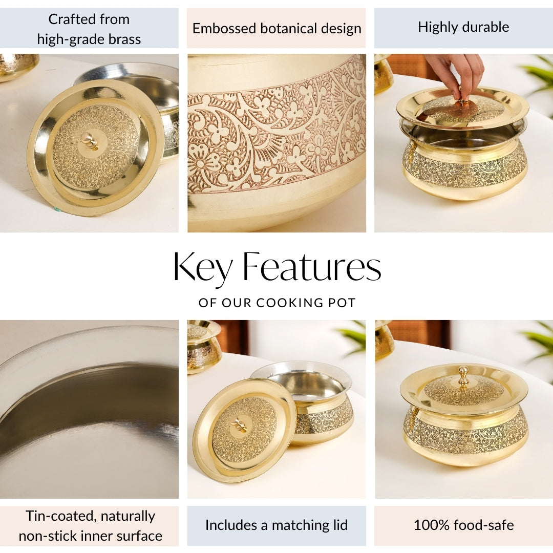 Pure Brass Embossed Handi Cooking Pot With Lid 2300ml