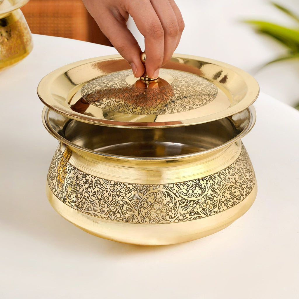 Pure Brass Embossed Handi Cooking Pot With Lid 2300ml