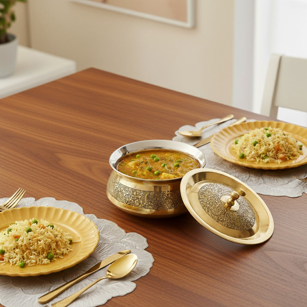 Pure Brass Embossed Handi Cooking Pot With Lid 2300ml