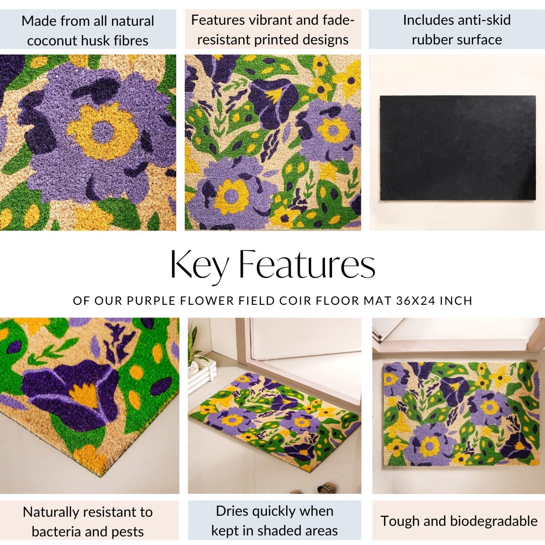 Purple Flower Field Coir Floor Mat 36x24 Inch