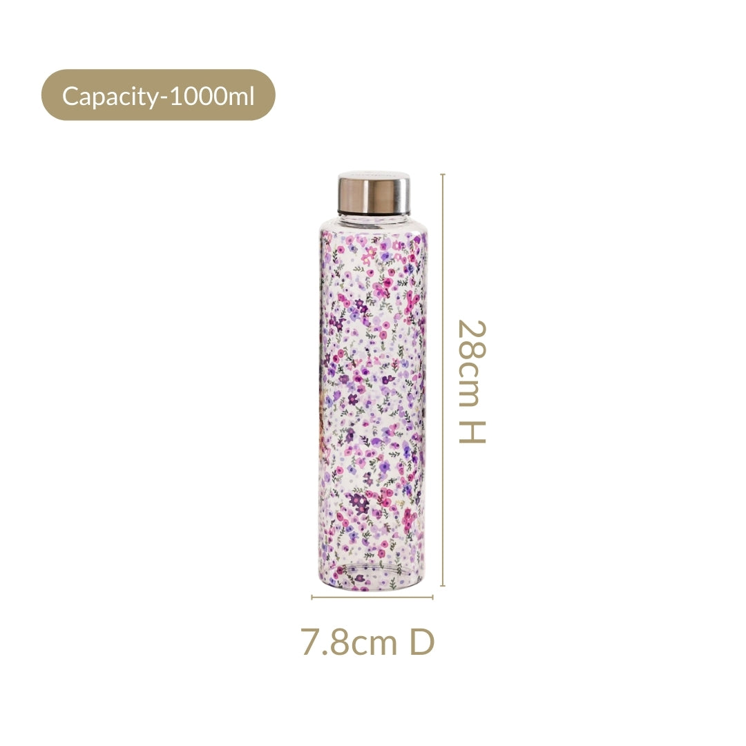 Purple Daisy Leakproof Borosilicate Glass Water Bottle With Lid 1000ml