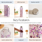 Purple Daisy Leakproof Borosilicate Glass Water Bottle With Lid 1000ml