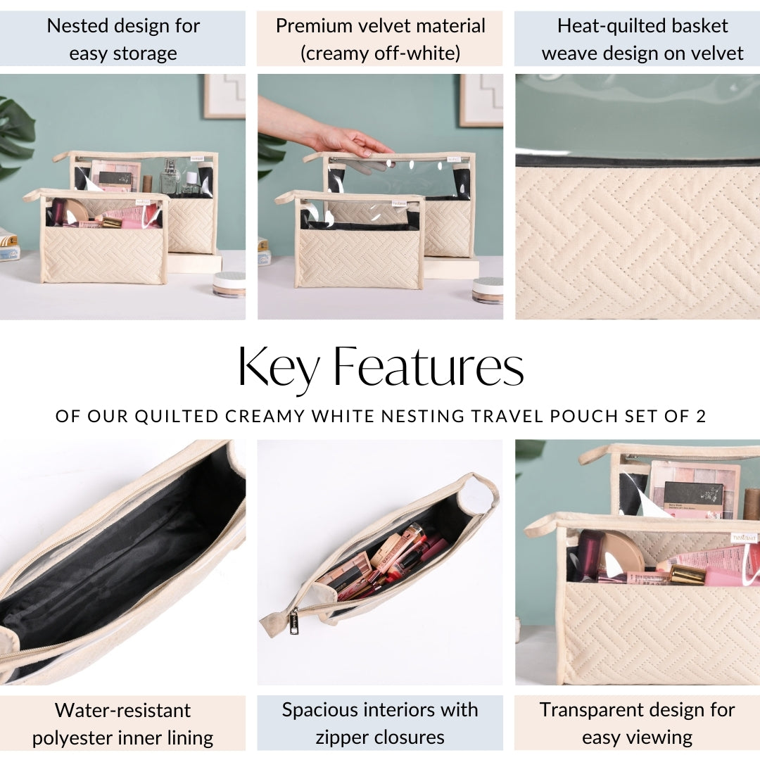 Quilted Cream White Nesting Travel Pouch Set Of 2