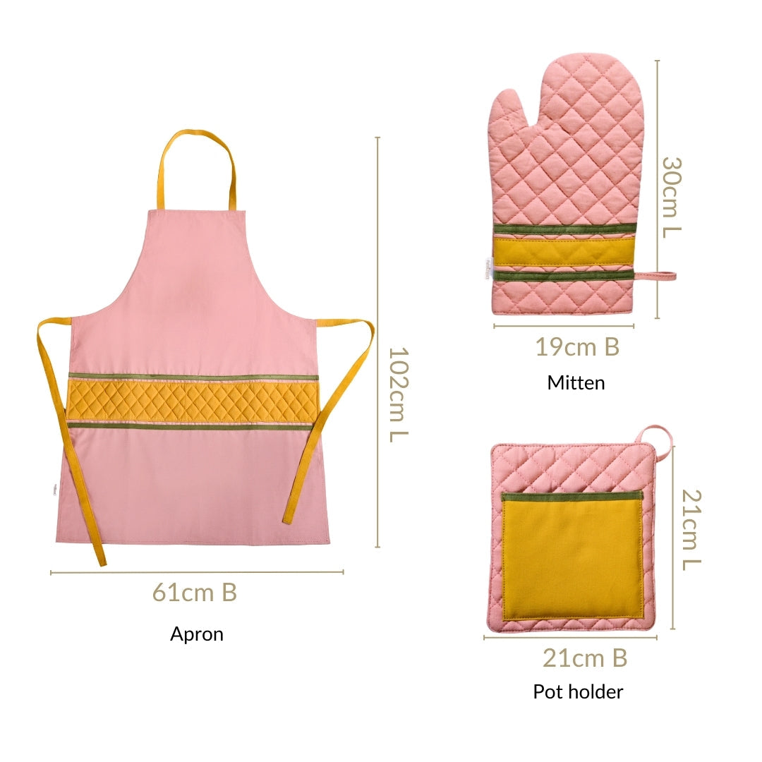 Quilted Pink Apron With Mitten And Pot Holder